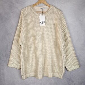 Zara Sweater Womens Large Gold Metallic Knit Oversized Pullover Crewneck Chunky